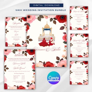 Pacote de convites florais para casamento Sikh | Convites personalizados para casamento Punjabi | Anand Karaj, Mehndi e mais | Download digital | Canva Editável WB2