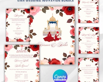 Floral Sikh Wedding Invitation Bundle: Anand Karaj, Mehndi (Digital Download)