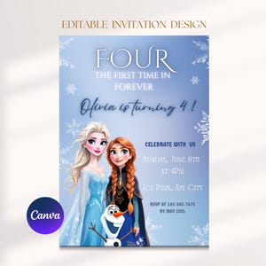 Invito per il 4° compleanno di Elsa di Frozen: Festa nel Paese delle Meraviglie Invernale (Modello Canva modificabile, Download digitale)