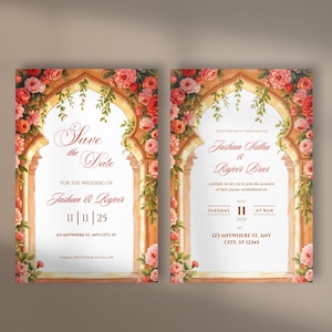 Pacote de convites de casamento indianos e modelos para salvar a data | Conjunto de 2 | Cartões de casamento hindus Sikh Punjabi | Modelo digital editável Canva
