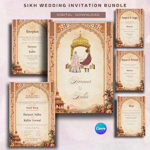 シーク教ロイヤルウェディング招待状セット | カスタムパンジャブ招待状 | 伝統的な宮殿デザイン | アナンド・カラジ、メヘンディなど | 編集可能なダウンロード