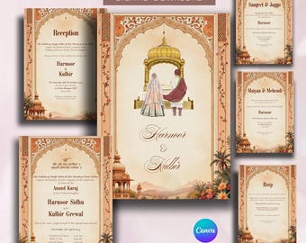 Zestaw zaproszeń na królewski ślub Sikhów | Niestandardowe zaproszenie w stylu pendżabskim | Tradycyjny projekt pałacowy | Anand Karaj, Mehndi i więcej | Edytowalne pobieranie