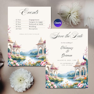 Modelo de convite indiano para salvar a data | Convite de casamento editável no Canva | Cartão de casamento indiano Desi personalizado | Convite hindu Sikh Punjabi SD12