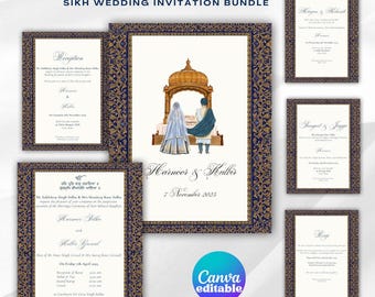 Sikh Wedding Invitation Bundle: Anand Karaj, Mehndi, Sangeet (Digital Download, Canva Template)