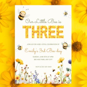 3ème fête d'anniversaire de petite abeille | Abeille et thème floral | Modèle de toile modifiable | Anniversaire de fleurs sauvages | Téléchargement instantané B23