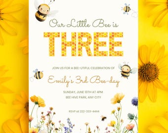 Little Bee 3rd Birthday Party Invite | Honey Bee and Floral Theme | Editable Canva Template | Wildflower Birthday | Instant Download B23