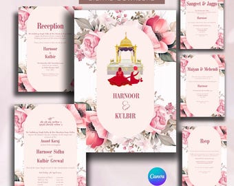 Sikh Wedding Invitation Bundle: Pink Floral Anand Karaj (Digital Download)