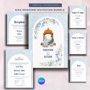 Pacote de convites para casamento real em azul sikh | Fundo texturizado com bordado tradicional punjabi | Anand Karaj, Mehndi e muito mais | Download editável