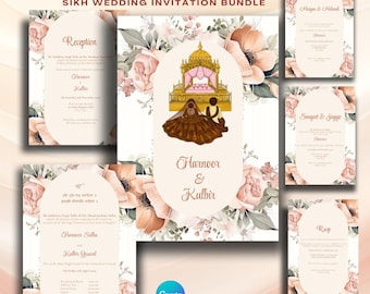 Floral Sikh Wedding Invitation Bundle | Custom Punjabi Wedding Invitations | Anand Karaj, Mehndi, & More | Digital Download | Canva Editable