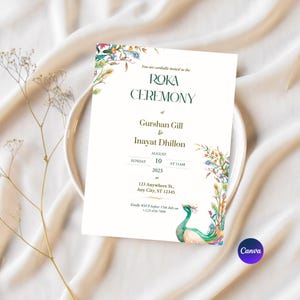 Modelo de convite de casamento indiano com tema de pavão | Cartão Roka digital personalizado | Convite de noivado | Convite para evento tradicional punjabi | Baixar