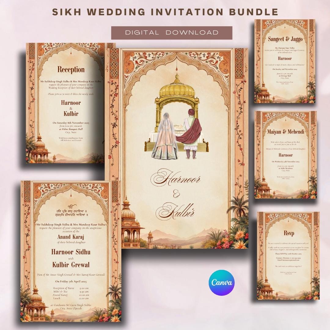 Sikh Royal Wedding Invite Bundle | Custom Punjabi Invitation | Traditional Palace Design | Anand Karaj, Mehndi, & More | Editable Download