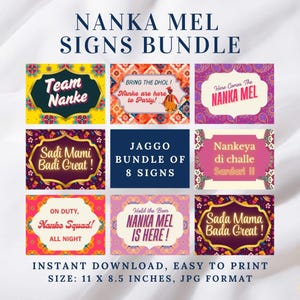 Puede incluir: Un conjunto de ocho letreros coloridos con texto en varias fuentes y diseños. Los letreros incluyen frases como "Team Nanke", "Nanka Mel" y "Sada Mama Bada Great!". El tamaño es de 27,9 x 21,6 cm.