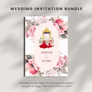 Lot de faire-part de mariage sikh | Floral rose avec illustration de couple | Anand Karaj, Mehendi, Maiyan et plus | Toile Modifier | Téléchargement numérique
