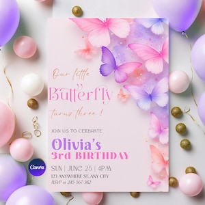 Faire-part d'anniversaire papillon fille petit papillon fête d'invitation modifiable violet rose sarcelle imprimable anniversaire printemps garden party B38