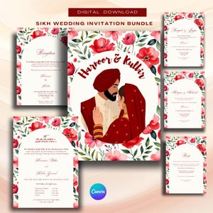 Bloemen sikh bruiloft uitnodigingsbundel | Aangepaste Punjabi-huwelijksuitnodigingen | Anand Karaj, Mehndi en meer | Digitale download | Bewerkbaar canvas
