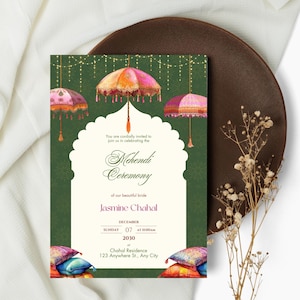Invitation Mehendi | Cérémonie de henné de mariage punjabi | Carte numérique modifiable | Insert de mariage indien | Thème parapluie | Téléchargement instantané