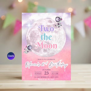 2e anniversaire de la lune de Zazzle.be Liste d'envies Vous avez des idées ? Pastel extra-atmosphérique | Modèle modifiable de thème spatial pour astronautes | Téléchargement instantané | Anniversaire fille | B33