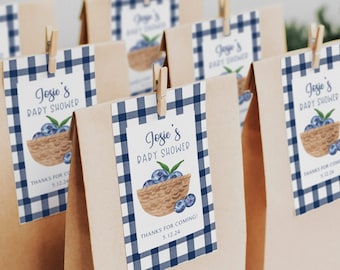 Etiqueta de agradecimiento para baby shower de arándanos: recuerdo de cuadros vichy (edición imprimible en Canva)