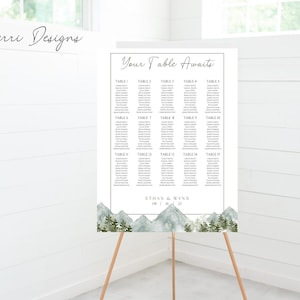 Waldhochzeit Sitzplan, elegante Hochzeit Sitzplan Zeichen, druckbare bearbeitbare Vorlage, Berghochzeit, nehmen Sie Platz, minimalistisch