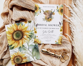 SUNFLOWER Highland Cow Bridal Shower, Wedding Bridal Shower invitation, Editable Printable Canva Template, Floral Bridal Shower Invite