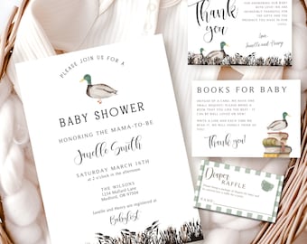 Mallard Duck Baby Shower Invitation Bundle, Duck Hunting Baby Shower Invite with Books for Baby and Diaper Raffle, Gender Neutral Shower