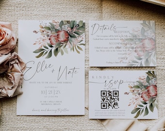 Protea Floral Wedding Invitations, Sage and Blush Invites, Eucalyptus, Australian Floral, Editable Digital Instant Download Canva, Succulent