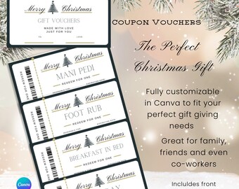 Könnte beinhalten: Weihnachtsgutscheine mit festlichem Design. Die Gutscheine beinhalten Optionen für Maniküre-Pediküre, Fußmassage, Frühstück im Bett und einen Spa-Tag. Der Text auf den Gutscheinen lautet "Merry Christmas" und "Gift Vouchers."