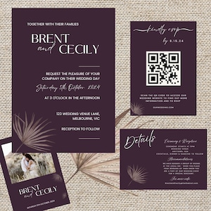 ENSEMBLE DE Mariage MINIMALISTE | Invitation de mariage modifiable | Invitation Bourgogne | Ensemble de modèles de mariage | Carte RSVP | Fiche détaillée | Mariage rustique