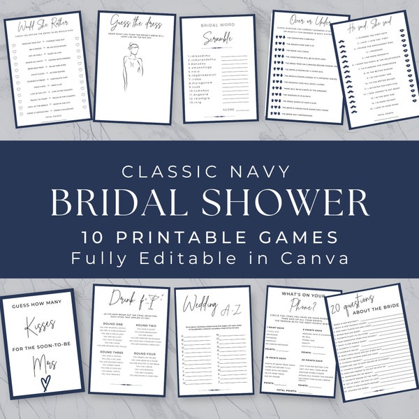 NAVY Bridal Shower Game | Minimalist | Fun Wedding Shower Games Bundle | Bridal Shower |  CLASSIC | Printable Games | Canva