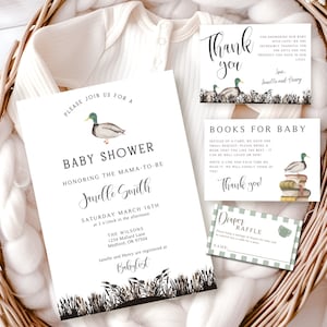 Mallard Duck Baby Shower Invitation Bundle, Duck Hunting Baby Shower Invite with Books for Baby and Diaper Raffle, Gender Neutral Shower