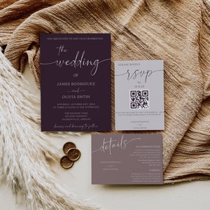 Lot de faire-part de mariage prune | Violet | Téléchargement instantané | Modifiable sur Canvas | Suite de mariage moderne | QR Rsvp | Invitation photo | Aubergine