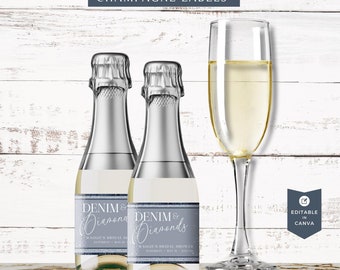 Denim & Karo Brautparty Mini Weinetikett (Digital Template)