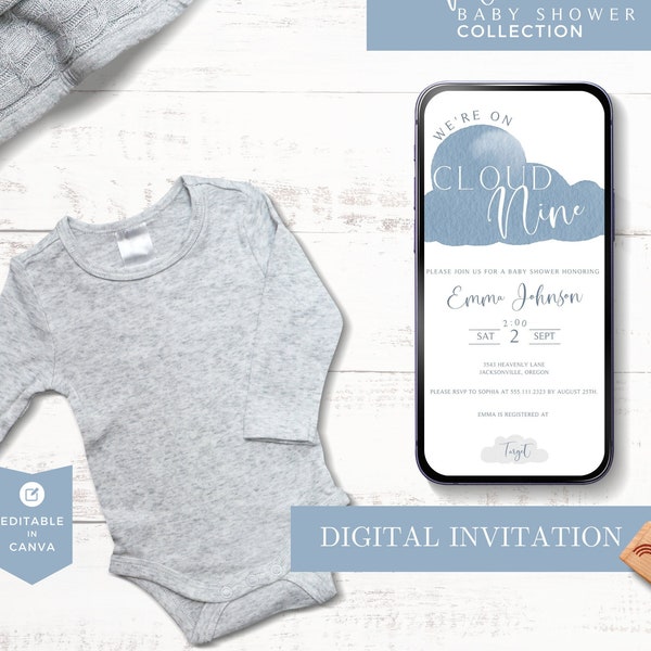 Mobile Baby Shower Invite, On Cloud Nine Baby Shower, Canva Template, Cloud 9,  Blue Baby Shower, Editable, Instant Download, Text Message