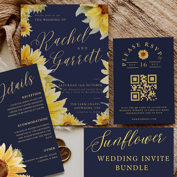 Sunflower Wedding Invitation | Wedding BUNDLE | Digital Download | Canva template | Navy And Yellow Wedding Invite | Editable | RSVP | QR