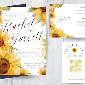 Sunflower Wedding Invitation | Wedding BUNDLE | Digital Download | Canva template | Yellow Wedding Invite | Editable | RSVP | QR | Garden