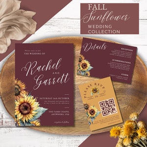 Faire-part de mariage tournesol | PACK Mariage | Téléchargement numérique | Modèle de toile | Faire-part de mariage bordeaux d'automne | Modifiable | RSVP | QR