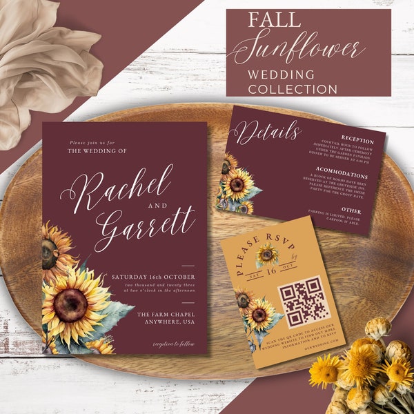 Sunflower Wedding Invitation | Wedding BUNDLE | Digital Download | Canva template | Fall Burgundy Wedding Invite | Editable | RSVP | QR