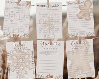 Gingerbread Baby Shower Games | Winter Baby Shower | Holiday Baby Shower |  Christmas Baby Shower | Printable 5X7 | Winter Wonderland | Tan