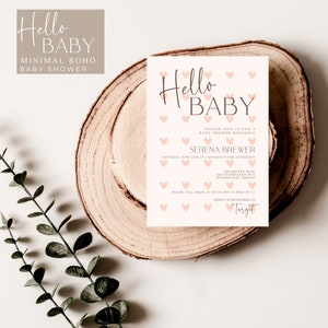 Hola invitación de baby shower, invitación de baby shower de corazón boho, baby shower neutral, plantilla de Canva, beige, baby shower simple