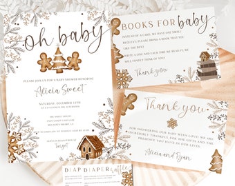 May include: A set of four printable cards for a baby shower. The cards are decorated with gingerbread men, a gingerbread house, and snowflakes. The text on the cards reads "Oh baby", "Books for baby", "Thank you", and "Diaper Raffle".