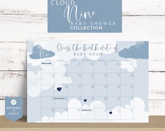 Könnte beinhalten: Ein blaues und weißes druckbares Babyparty-Spiel mit einem Wolken-Motiv. Das Spiel ist ein Kalender mit dem Text "Erraten Sie das Geburtsdatum von Baby Noah".