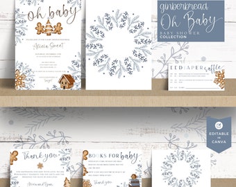 May include: A baby shower invitation set with a gingerbread theme. The invitation features the text "Oh Baby" and event details. Other cards include a diaper raffle, thank you notes, and a "Books for Baby" card. The design includes gingerbread men, a gingerbread house, and a wreath.