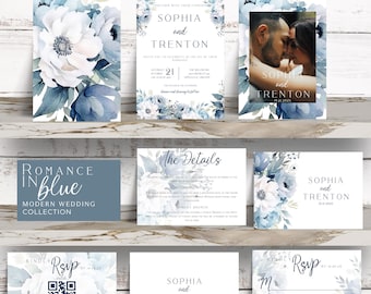 Invitación de boda floral azul polvoriento: elegante plantilla de Canva (descarga digital)
