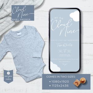 Mobile Baby Shower Invite, On Cloud Nine Baby Shower, Canva Template, Cloud 9,  Blue Baby Shower, Editable, Instant Download, Text Message