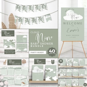 Cloud Nine Baby Shower Bundel, We zijn op Cloud 9, Douchespel, Afdrukbare borden, Uitnodiging, Luierloterij, Welkomstbord, Bewerkbaar, Groen