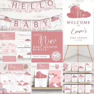 Cloud Nine Baby Shower Bundel, We zijn op Cloud 9, Douchespel, Afdrukbare borden, Uitnodiging, Luierloterij, Welkomstbord, Bewerkbare Canva, ROZE