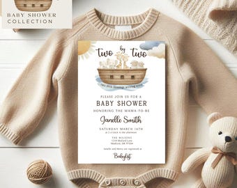 Two by Two Baby Shower Invite  | Noah’s Ark Twin Baby Shower Invitation | Gender Neutral Ark Animals Party | Editable Printable Invite