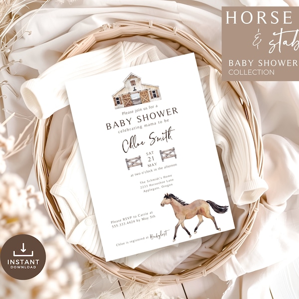 Barnyard Shower | Horse Baby Shower Invitation | Equestrian Shower | Horse and Stable | Printable | Farm Baby Shower | Editable Template