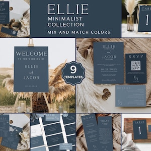 Dusty Blue Wedding Bundle, Monogramm, Klassisch, bearbeitbar, druckbar, Menü, Tischnummer, Details RSVP QR, Tischkarte, Infografik, Dusty Blue