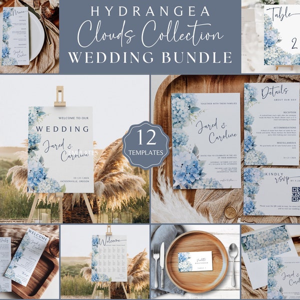 Hydrangea Wedding Bundle, Editable in Canva, Printable, Invite, Welcome Sign, Menu, Table Number, QR code, Seating Chart, Dusty Blue Wedding